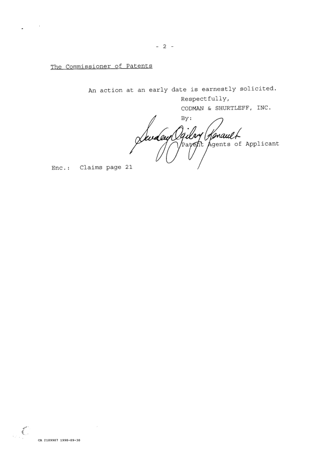 Canadian Patent Document 2109907. Prosecution Correspondence 19980930. Image 2 of 2