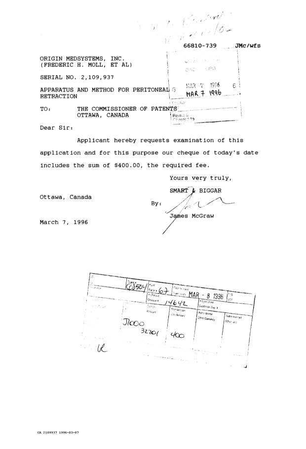 Canadian Patent Document 2109937. Prosecution Correspondence 19960307. Image 1 of 1