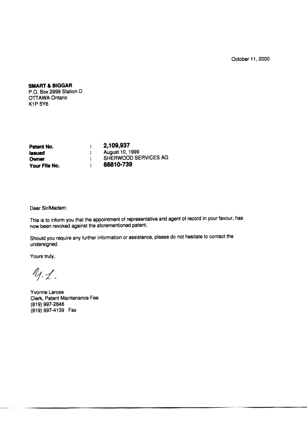 Document de brevet canadien 2109937. Correspondance 20001003. Image 3 de 3