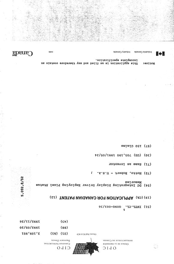 Canadian Patent Document 2109951. Cover Page 19950513. Image 1 of 1