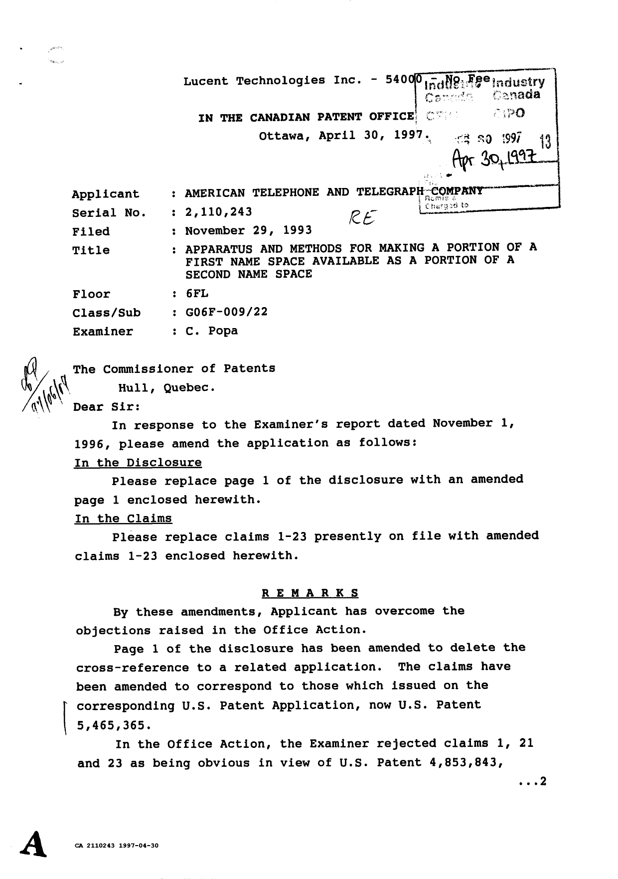 Document de brevet canadien 2110243. Correspondance de la poursuite 19970430. Image 1 de 4