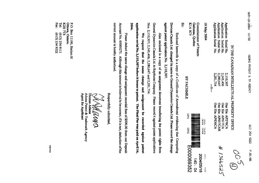 Canadian Patent Document 2110307. Assignment 20040518. Image 1 of 6