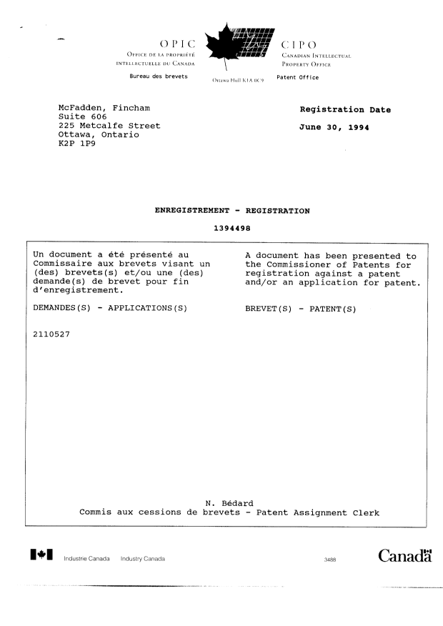 Document de brevet canadien 2110527. Cession 19921202. Image 3 de 5