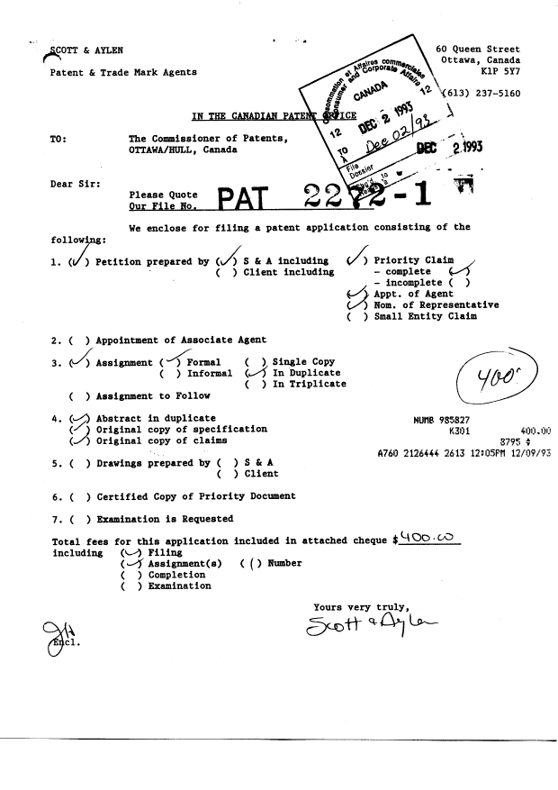 Document de brevet canadien 2110555. Cession 19921202. Image 1 de 9