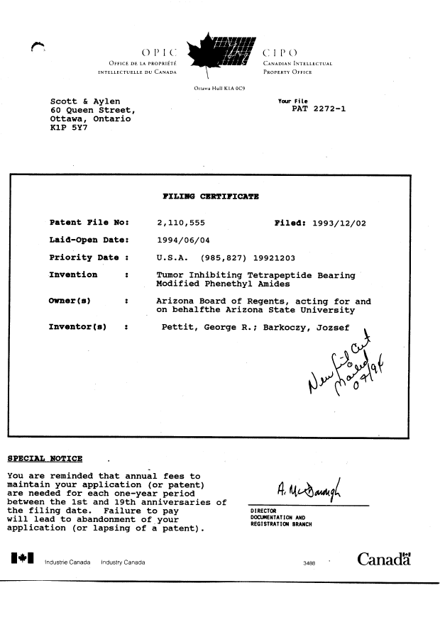Document de brevet canadien 2110555. Cession 19921202. Image 8 de 9