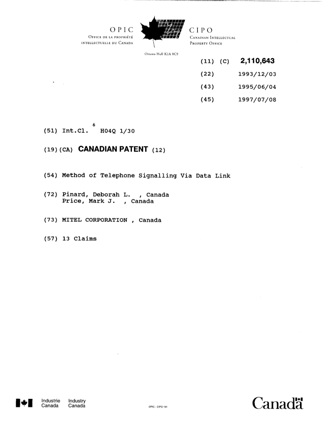Document de brevet canadien 2110643. Page couverture 19970509. Image 1 de 1