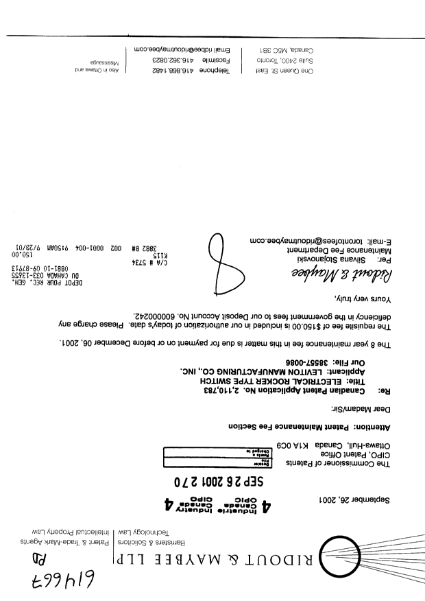 Canadian Patent Document 2110783. Fees 20010926. Image 1 of 1