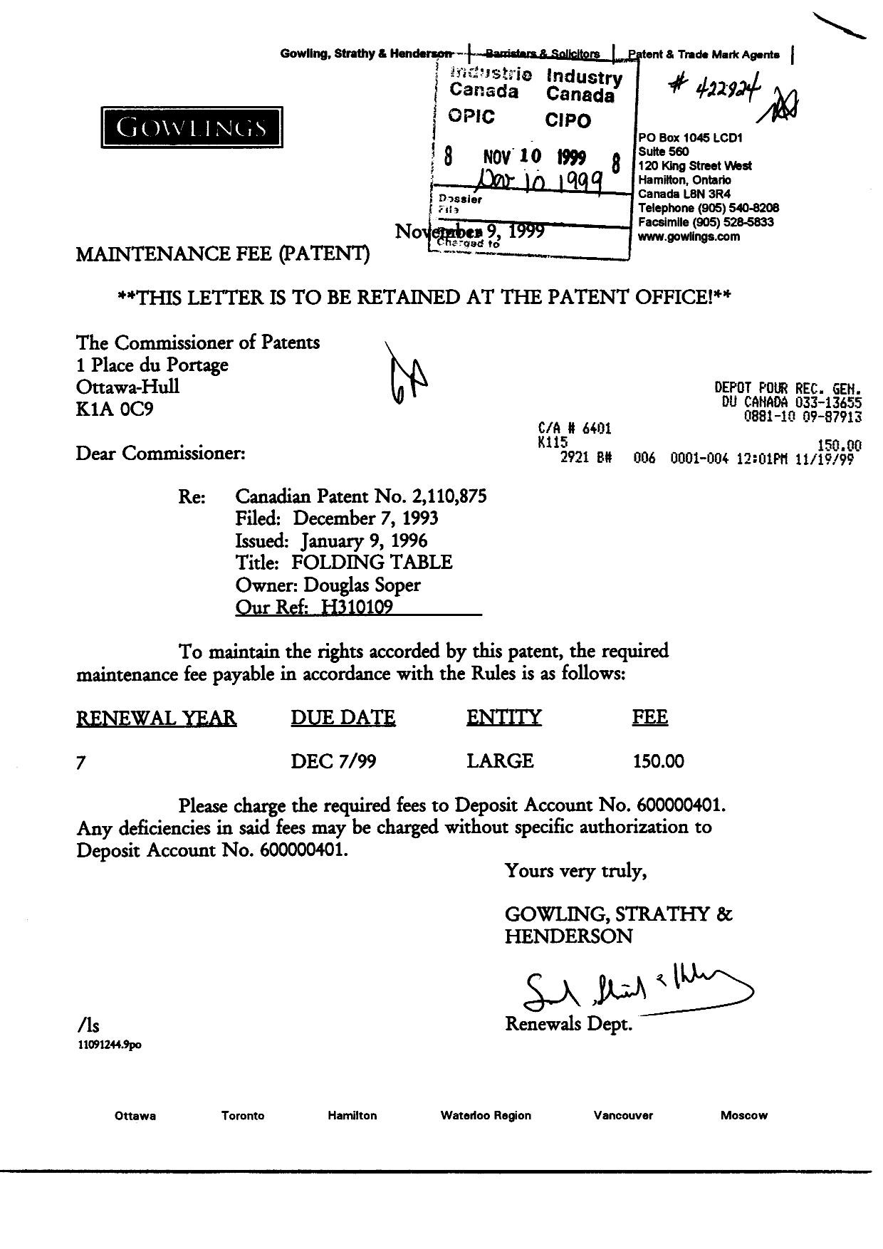 Document de brevet canadien 2110875. Taxes 19991110. Image 1 de 1