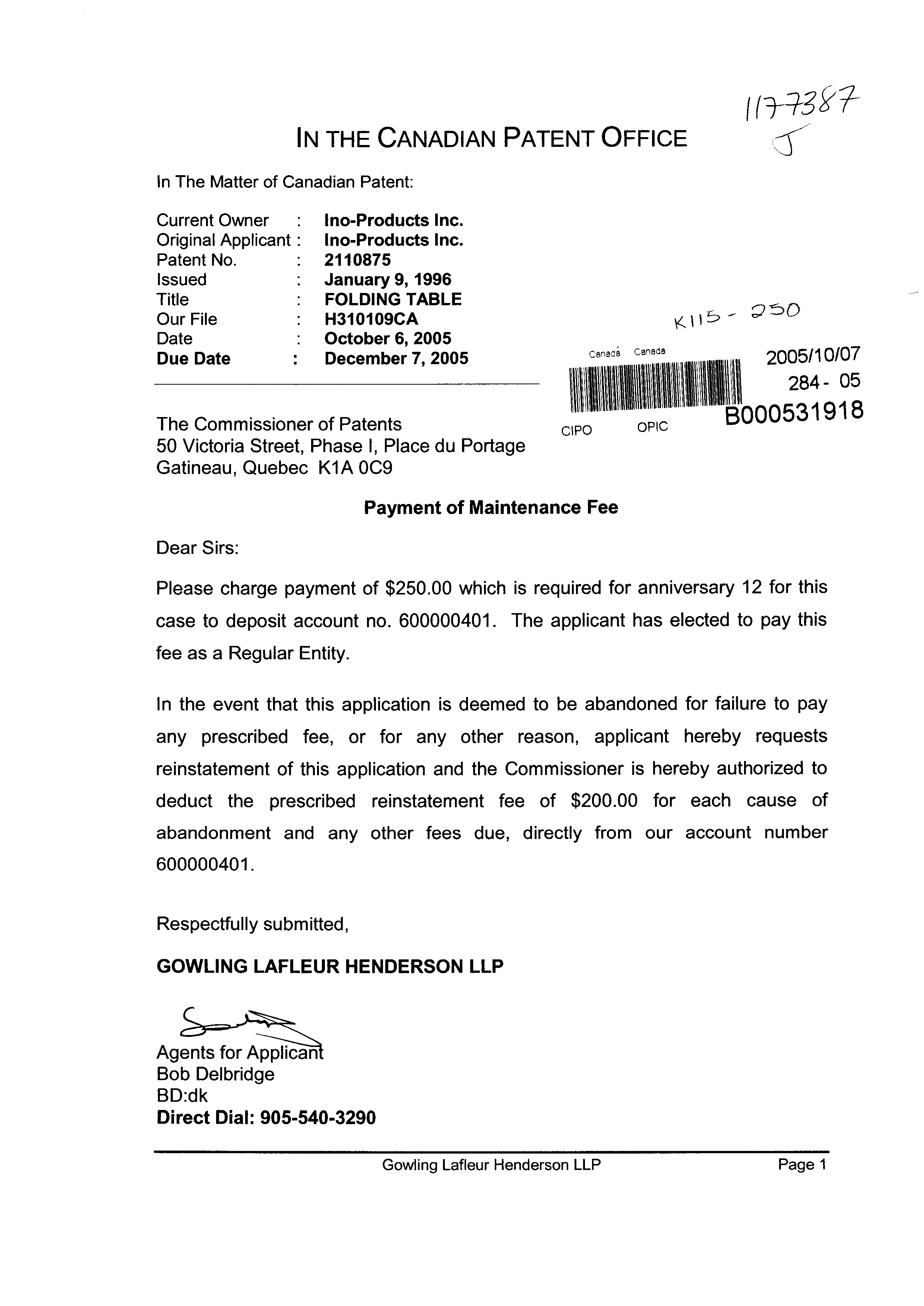 Canadian Patent Document 2110875. Fees 20051007. Image 1 of 1