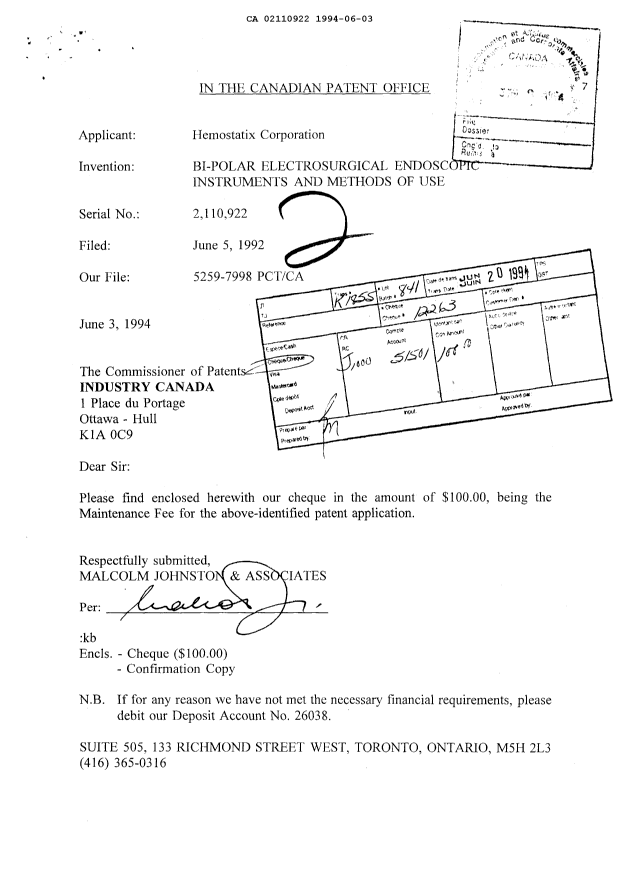 Document de brevet canadien 2110922. Taxes 19940603. Image 1 de 1