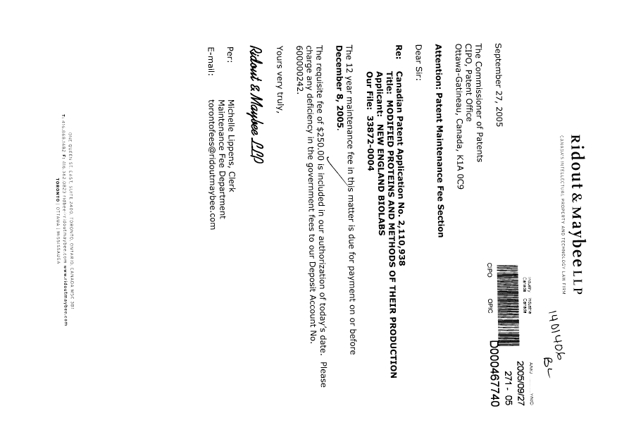 Document de brevet canadien 2110938. Taxes 20050927. Image 1 de 1