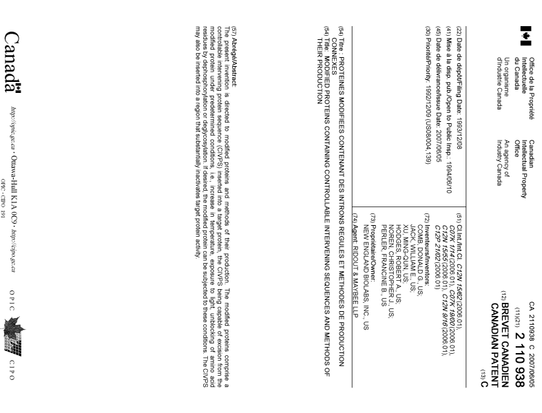 Document de brevet canadien 2110938. Page couverture 20070514. Image 1 de 1