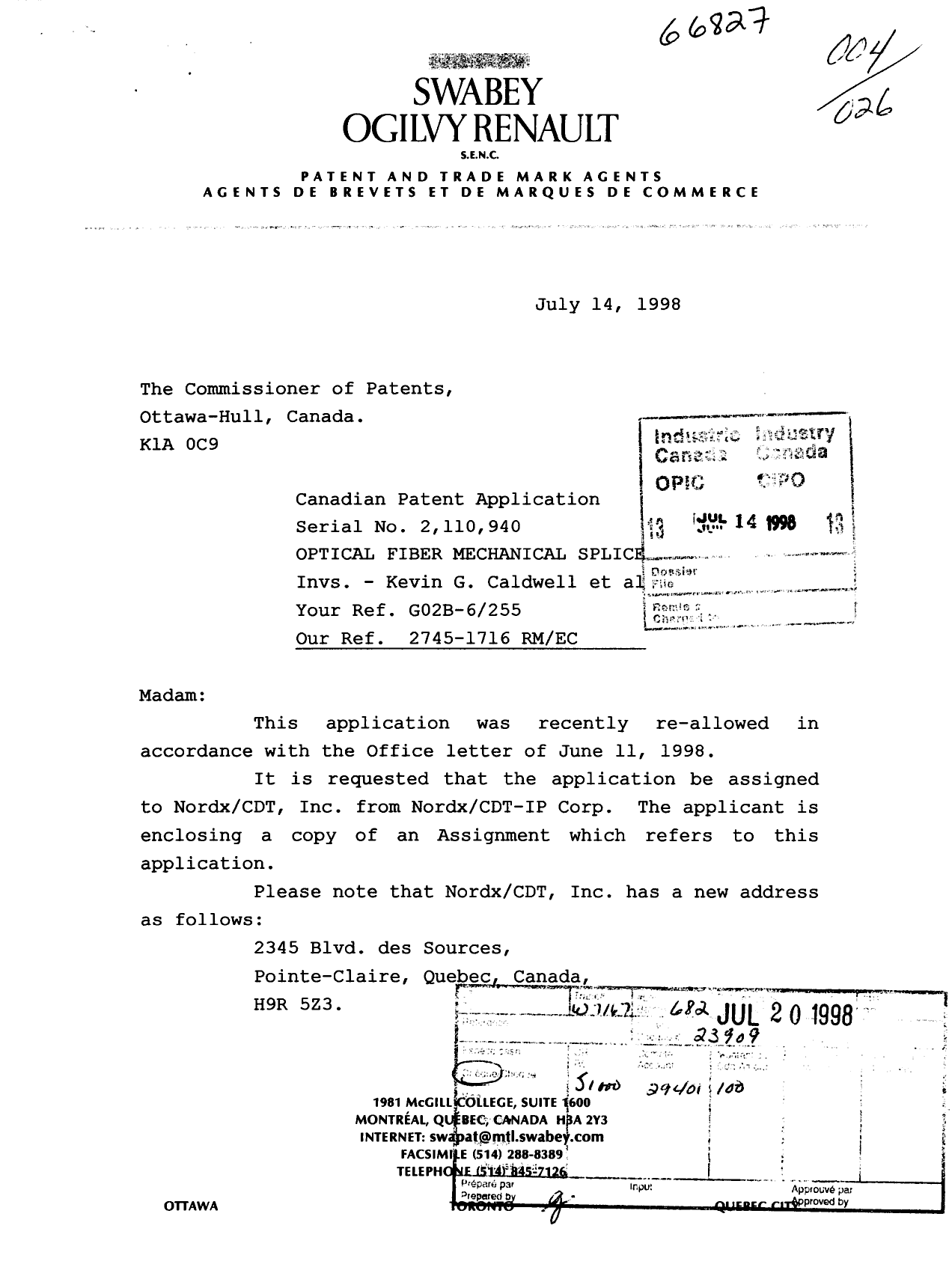 Document de brevet canadien 2110940. Correspondance 19980714. Image 1 de 2