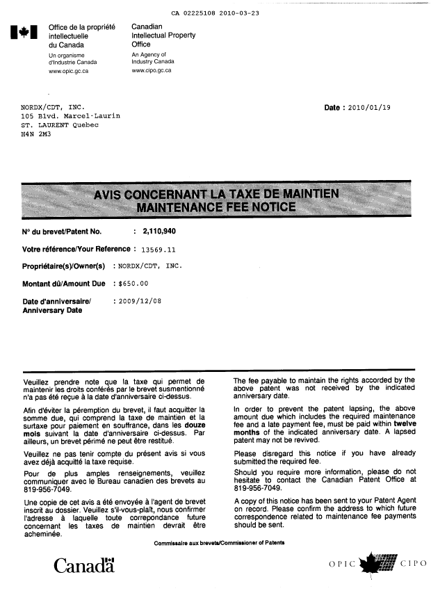 Document de brevet canadien 2110940. Correspondance 20100323. Image 1 de 2