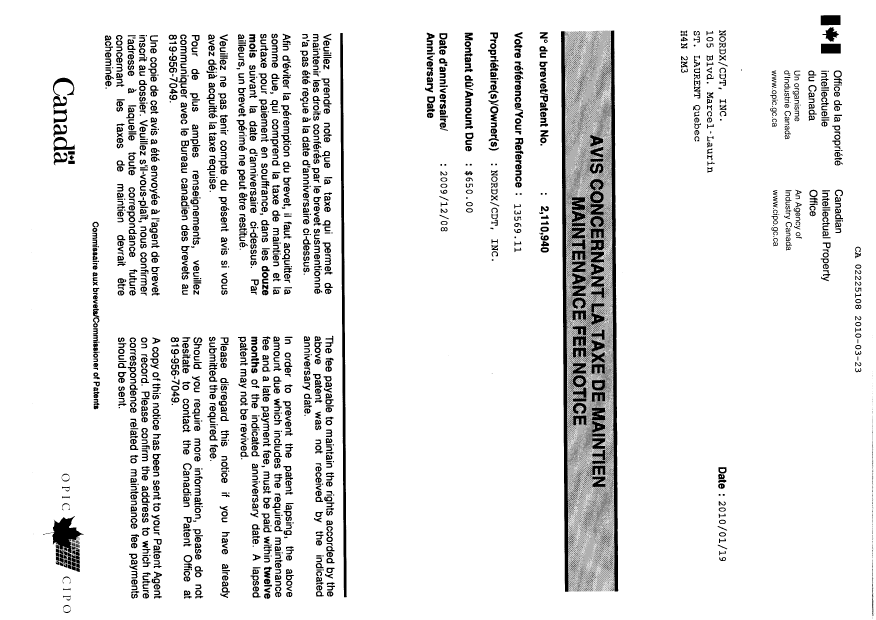 Canadian Patent Document 2110940. Correspondence 20100323. Image 1 of 2