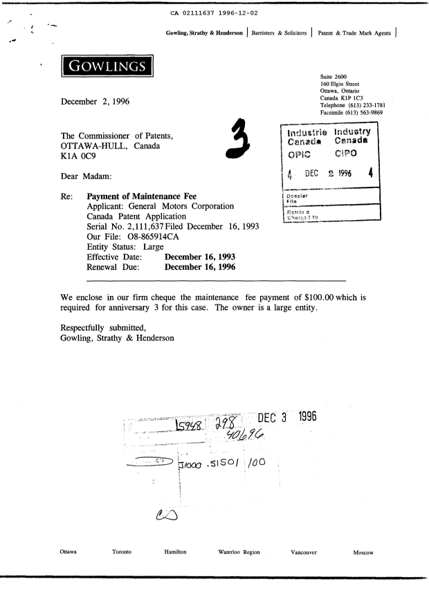 Document de brevet canadien 2111637. Taxes 19961202. Image 1 de 1