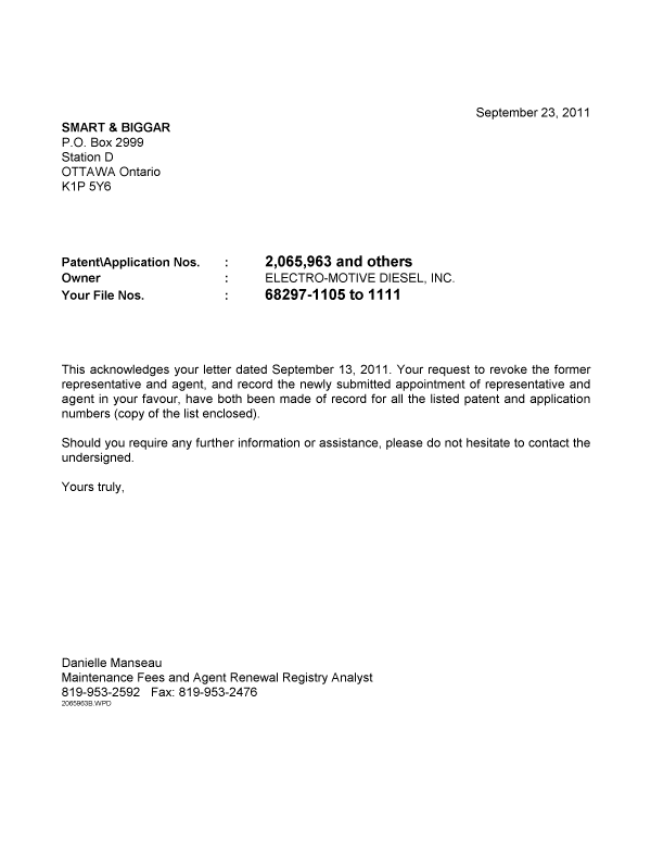 Document de brevet canadien 2111637. Correspondance 20110923. Image 1 de 1