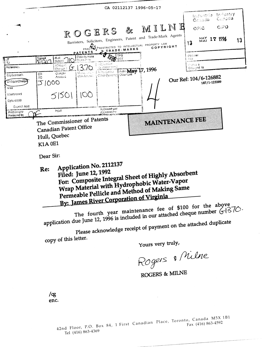 Canadian Patent Document 2112137. Fees 19960517. Image 1 of 1