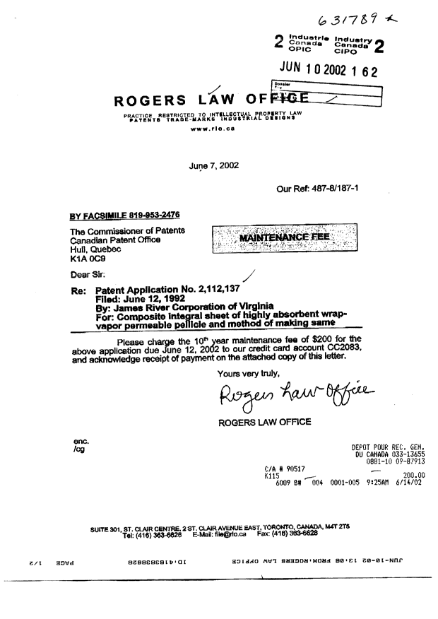 Canadian Patent Document 2112137. Fees 20020610. Image 1 of 1