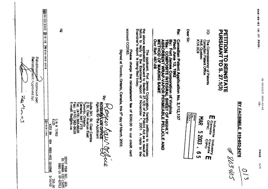Canadian Patent Document 2112137. Prosecution-Amendment 20030305. Image 1 of 9