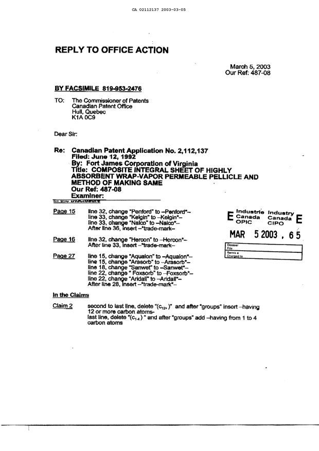 Canadian Patent Document 2112137. Prosecution-Amendment 20030305. Image 2 of 9