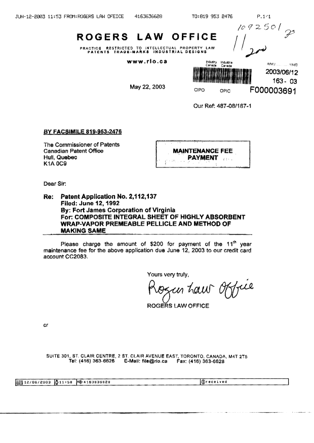 Canadian Patent Document 2112137. Fees 20030612. Image 1 of 1