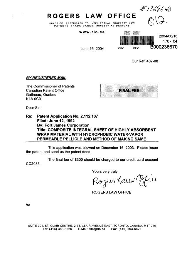 Canadian Patent Document 2112137. Correspondence 20040616. Image 1 of 1