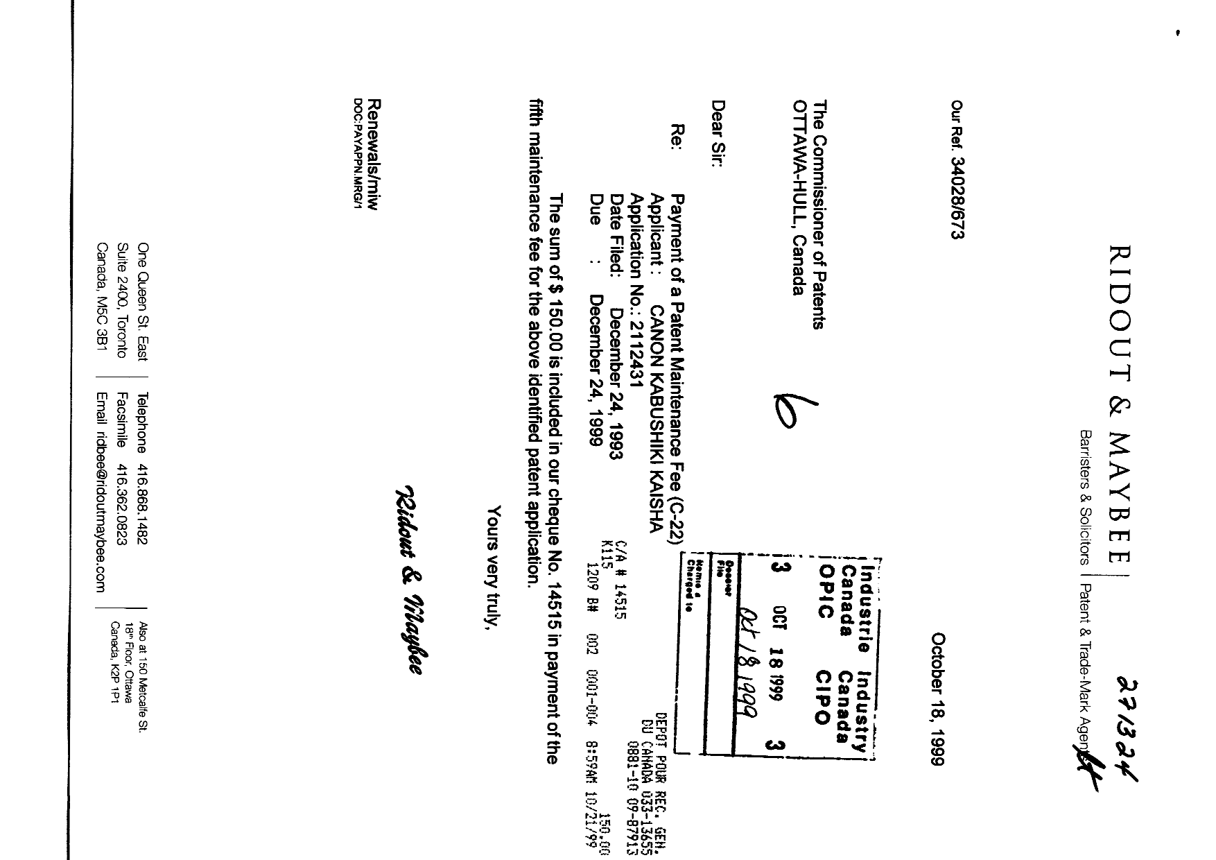 Canadian Patent Document 2112431. Fees 19991018. Image 1 of 1