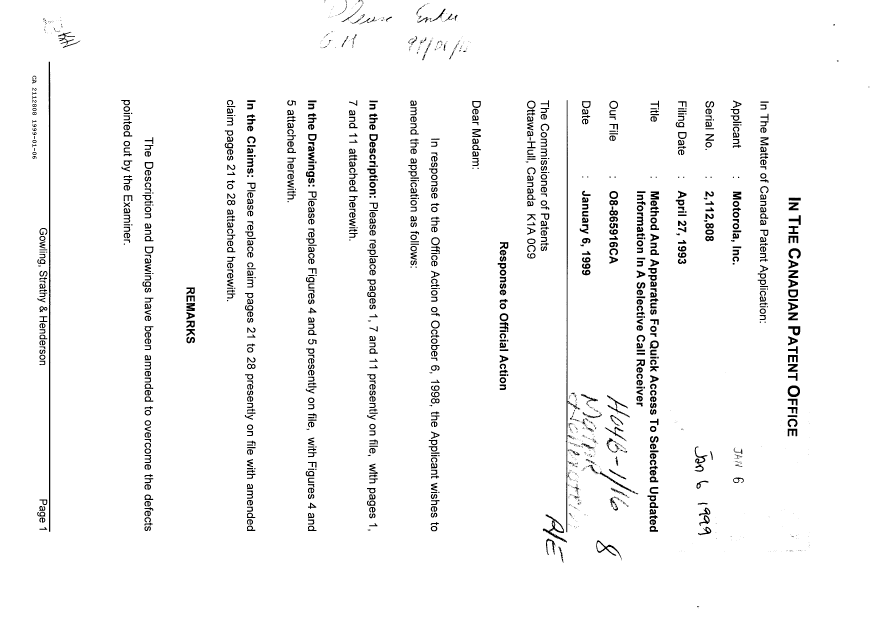 Canadian Patent Document 2112808. Prosecution Correspondence 19990106. Image 1 of 3
