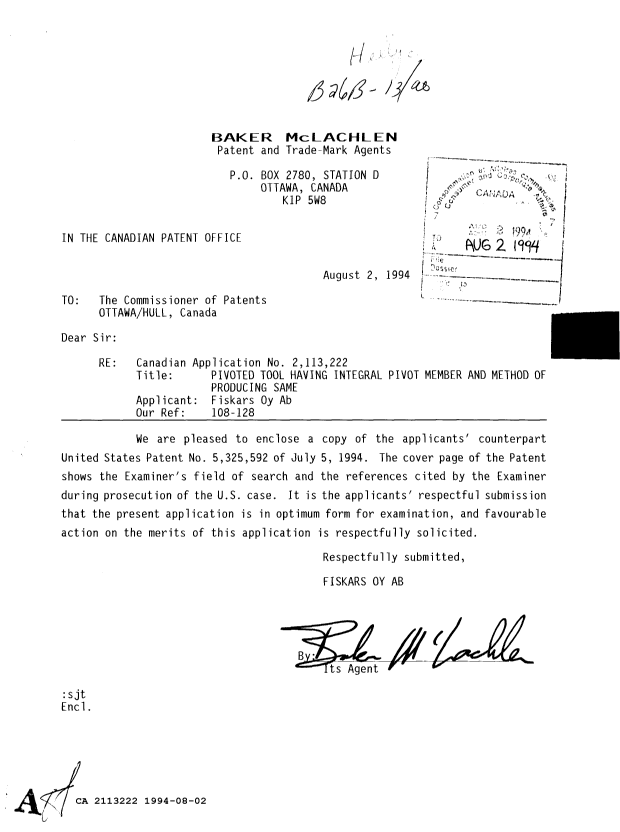 Canadian Patent Document 2113222. Prosecution Correspondence 19940802. Image 1 of 1
