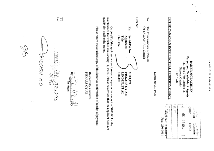 Document de brevet canadien 2113222. Taxes 19961220. Image 1 de 1