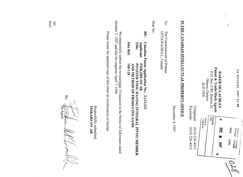 Document de brevet canadien 2113222. Correspondance 19971208. Image 1 de 2