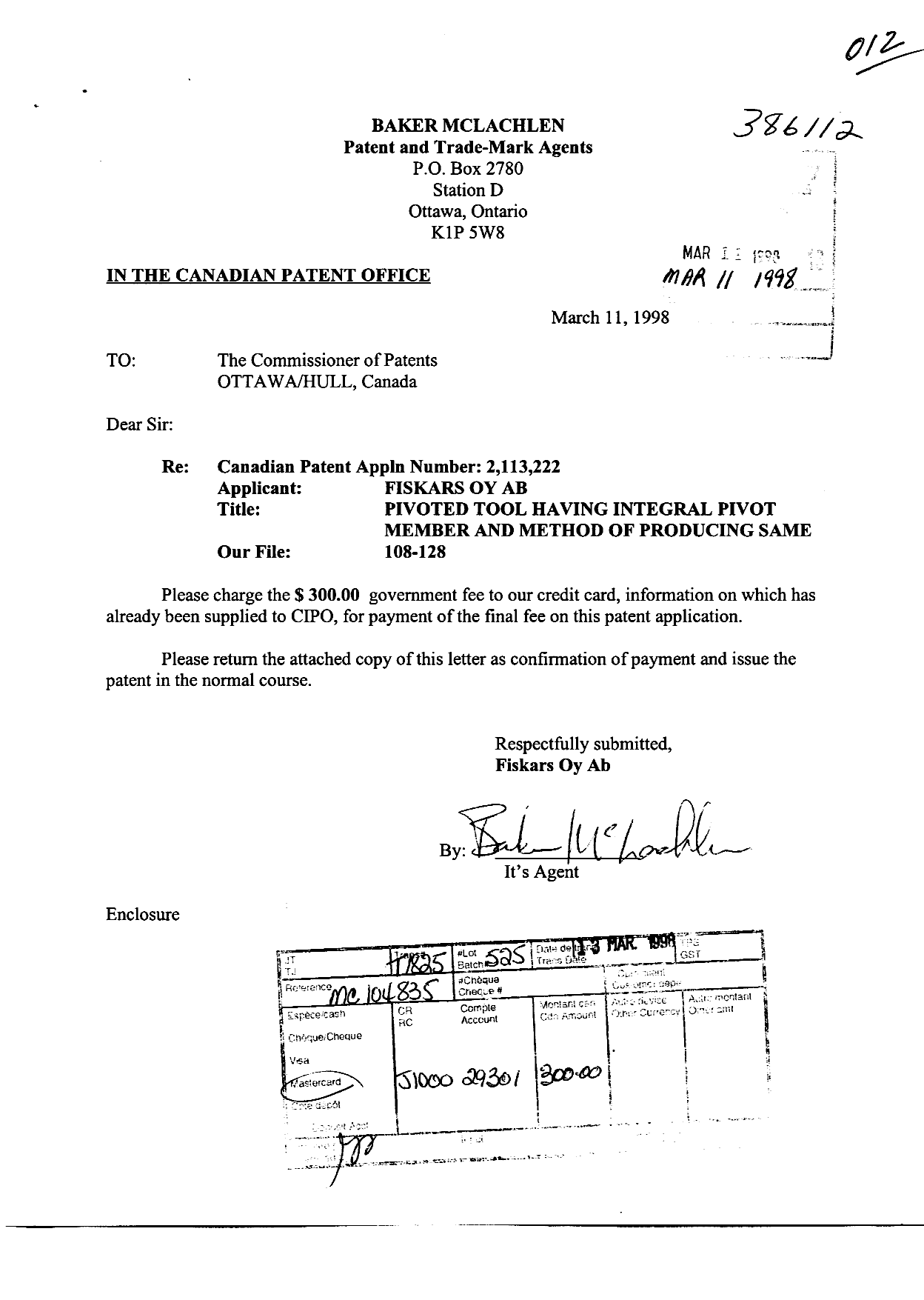 Document de brevet canadien 2113222. Correspondance 19980311. Image 1 de 1