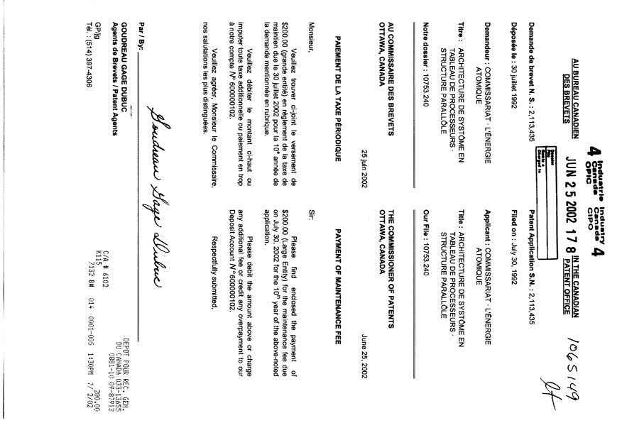 Document de brevet canadien 2113435. Taxes 20020625. Image 1 de 1