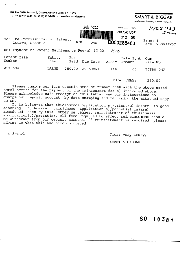 Document de brevet canadien 2113694. Taxes 20050107. Image 1 de 1