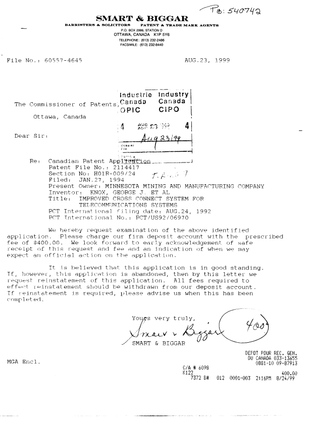 Canadian Patent Document 2114417. Prosecution-Amendment 19990823. Image 1 of 1