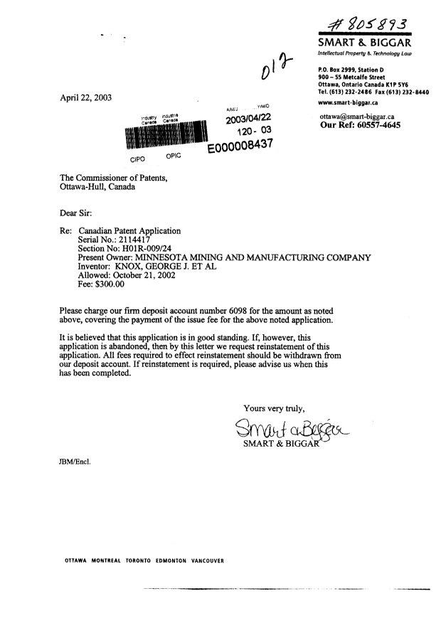 Canadian Patent Document 2114417. Correspondence 20030422. Image 1 of 1