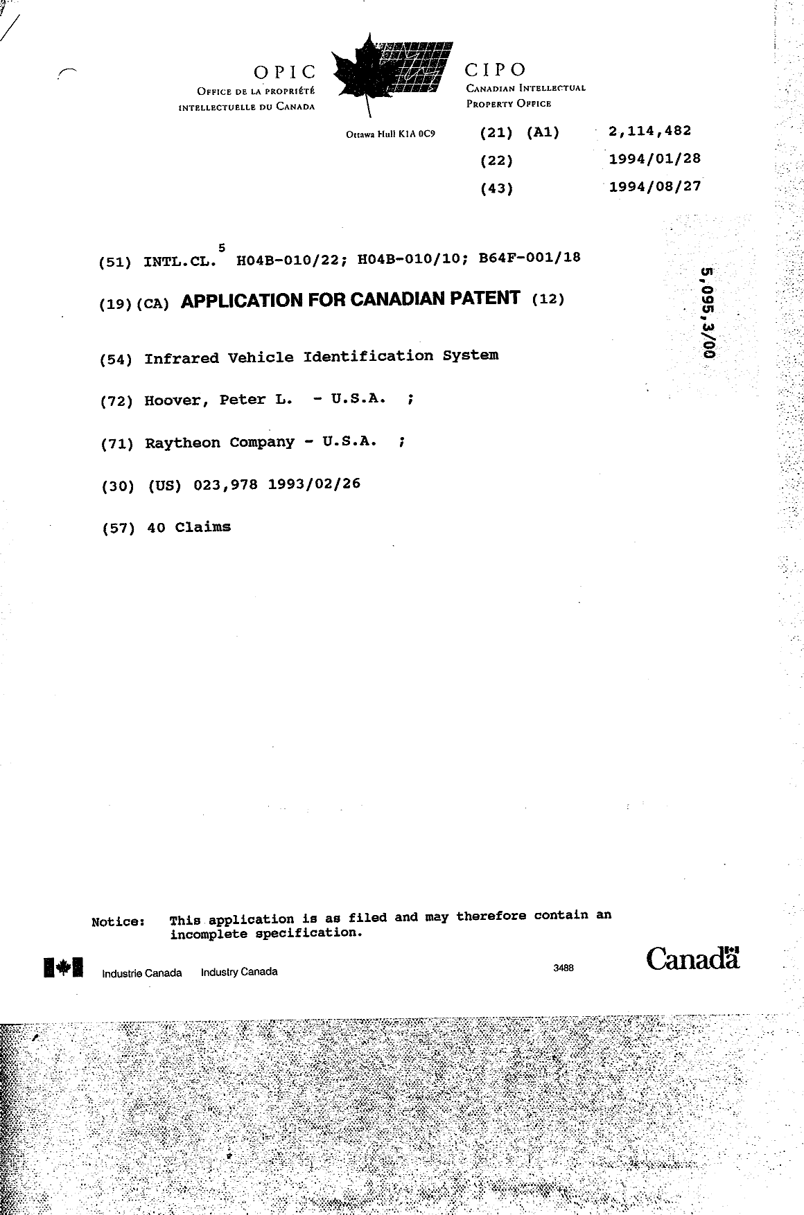 Canadian Patent Document 2114482. Cover Page 19940827. Image 1 of 1