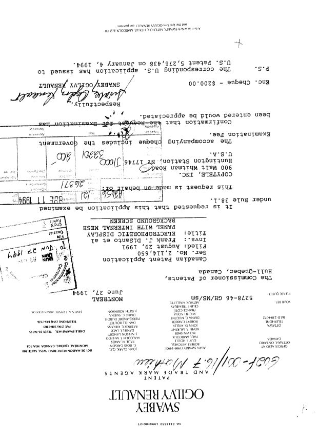 Canadian Patent Document 2114650. Prosecution Correspondence 19940627. Image 1 of 1