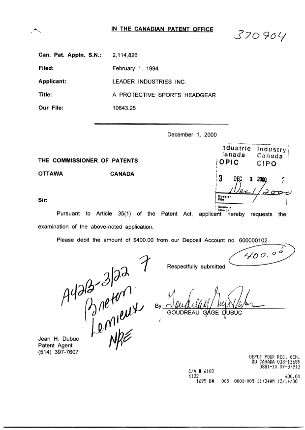 Canadian Patent Document 2114826. Prosecution-Amendment 20001201. Image 1 of 1