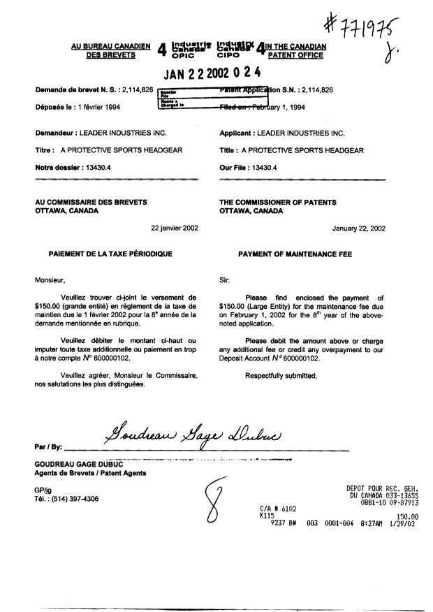Canadian Patent Document 2114826. Fees 20020122. Image 1 of 1