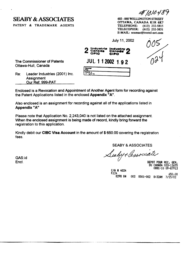 Canadian Patent Document 2114826. Assignment 20020711. Image 1 of 9