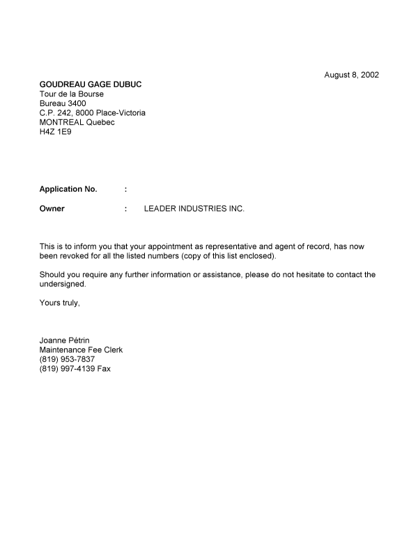 Document de brevet canadien 2114826. Correspondance 20020808. Image 1 de 1