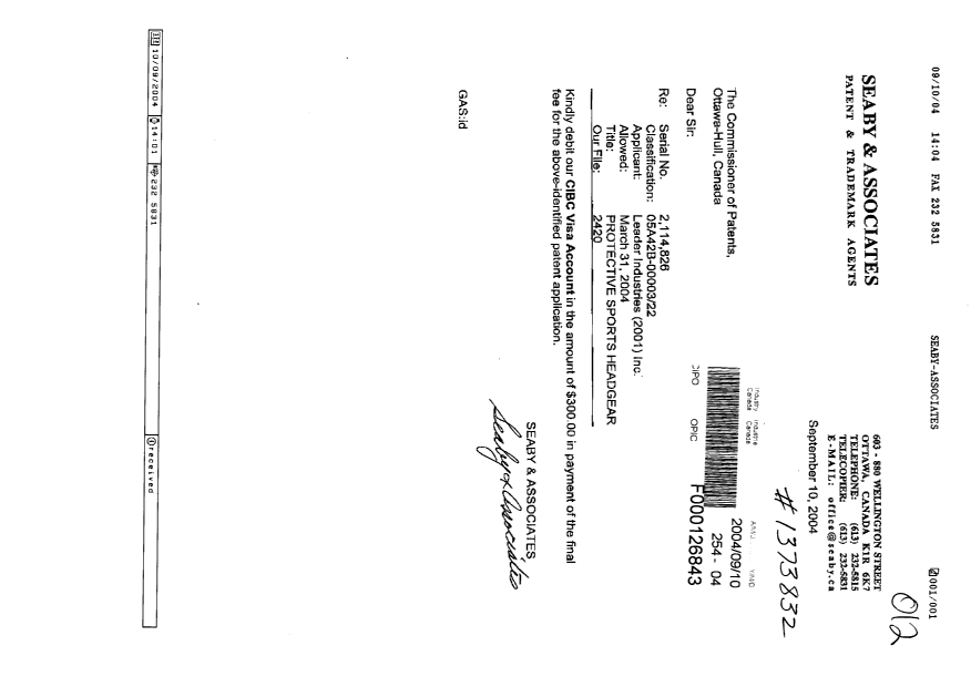 Canadian Patent Document 2114826. Correspondence 20040910. Image 1 of 1