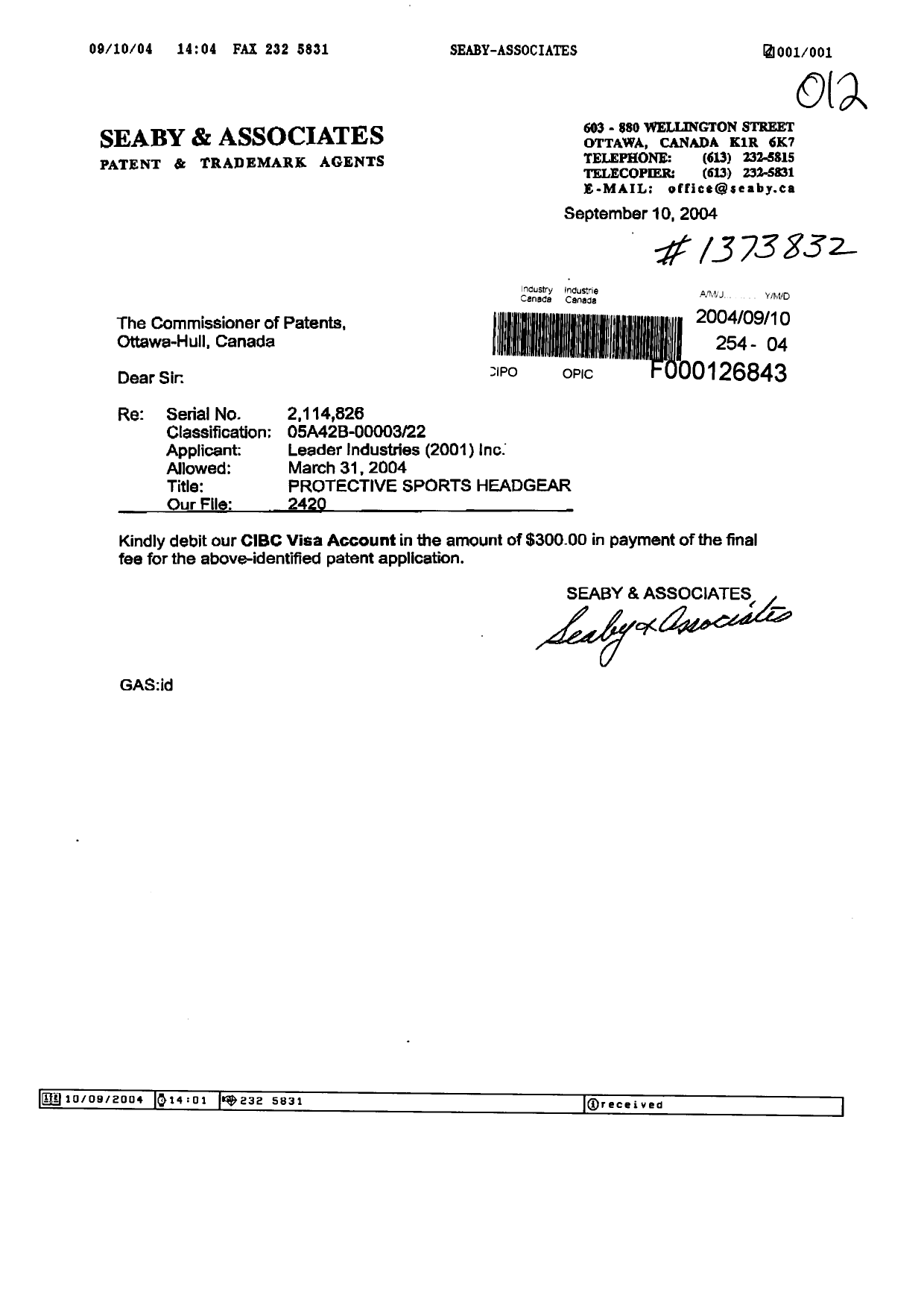 Canadian Patent Document 2114826. Correspondence 20040910. Image 1 of 1