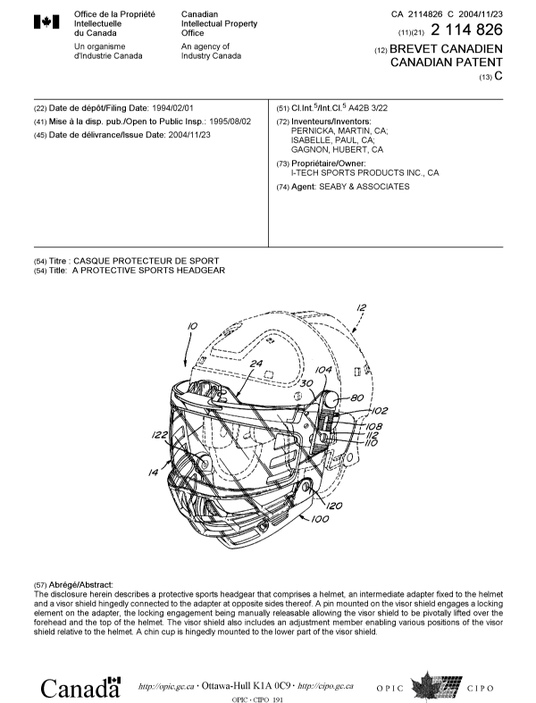 Canadian Patent Document 2114826. Cover Page 20041019. Image 1 of 1