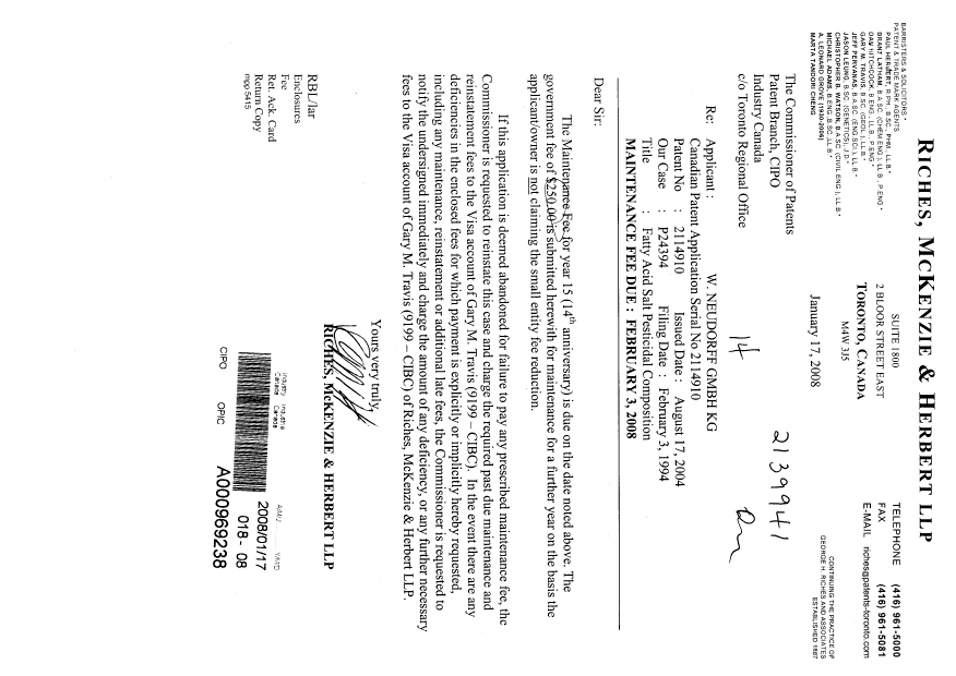 Document de brevet canadien 2114910. Taxes 20080117. Image 1 de 1