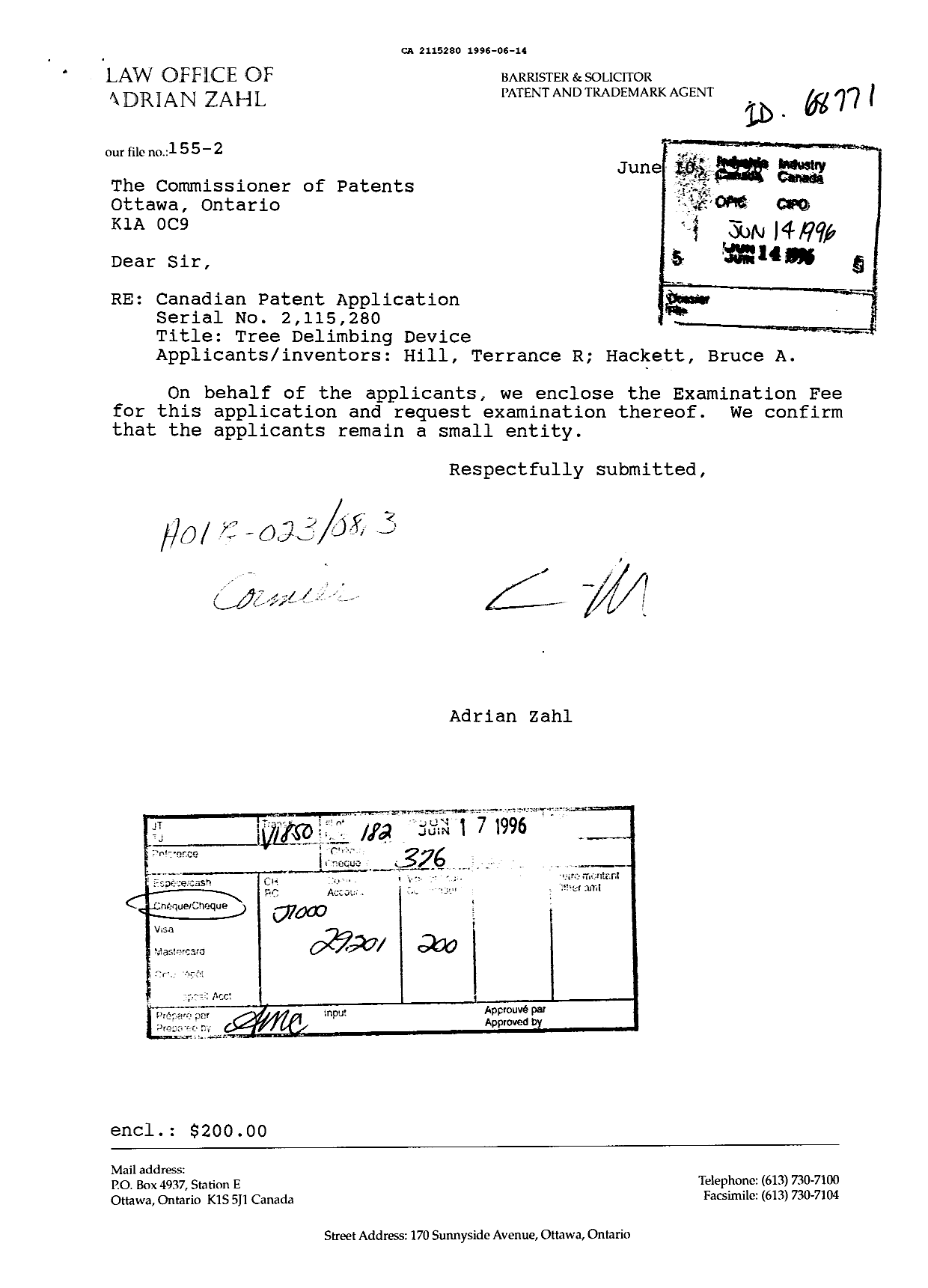 Document de brevet canadien 2115280. Correspondance de la poursuite 19960614. Image 1 de 1