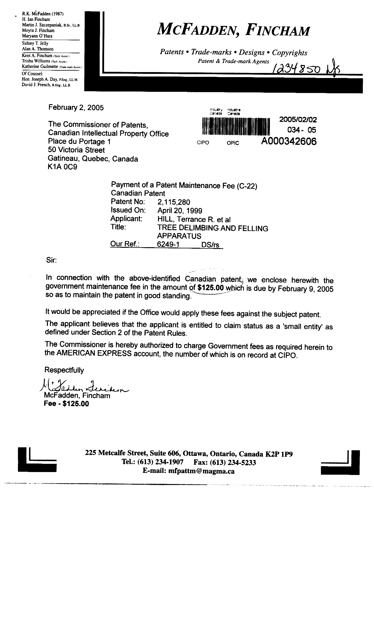 Document de brevet canadien 2115280. Taxes 20050202. Image 1 de 1