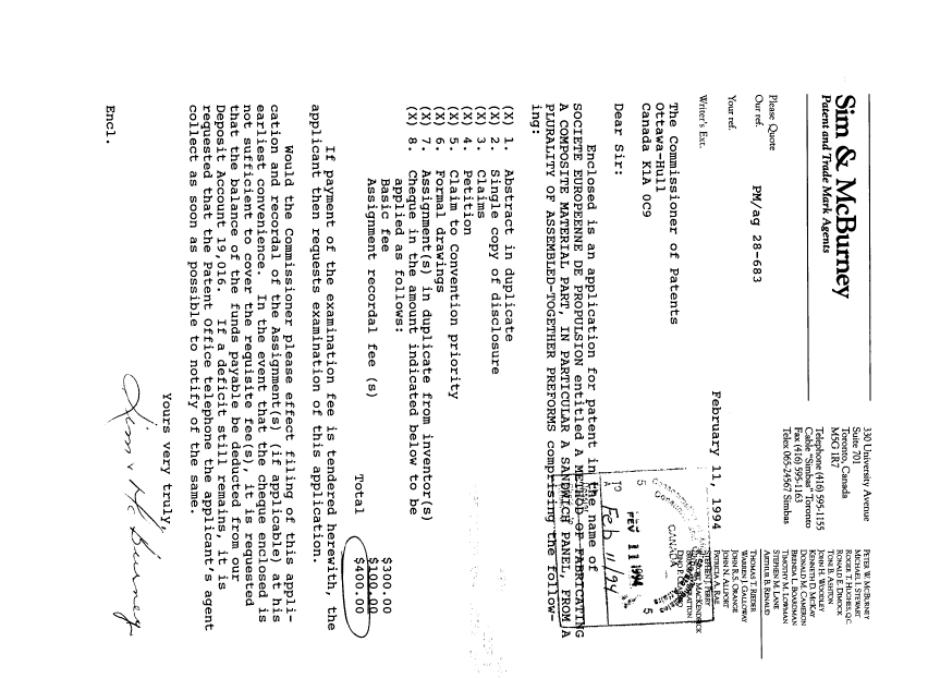 Document de brevet canadien 2115473. Cession 19940211. Image 1 de 6